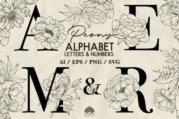 Peony Flower Alphabet Numbers SVG PNG